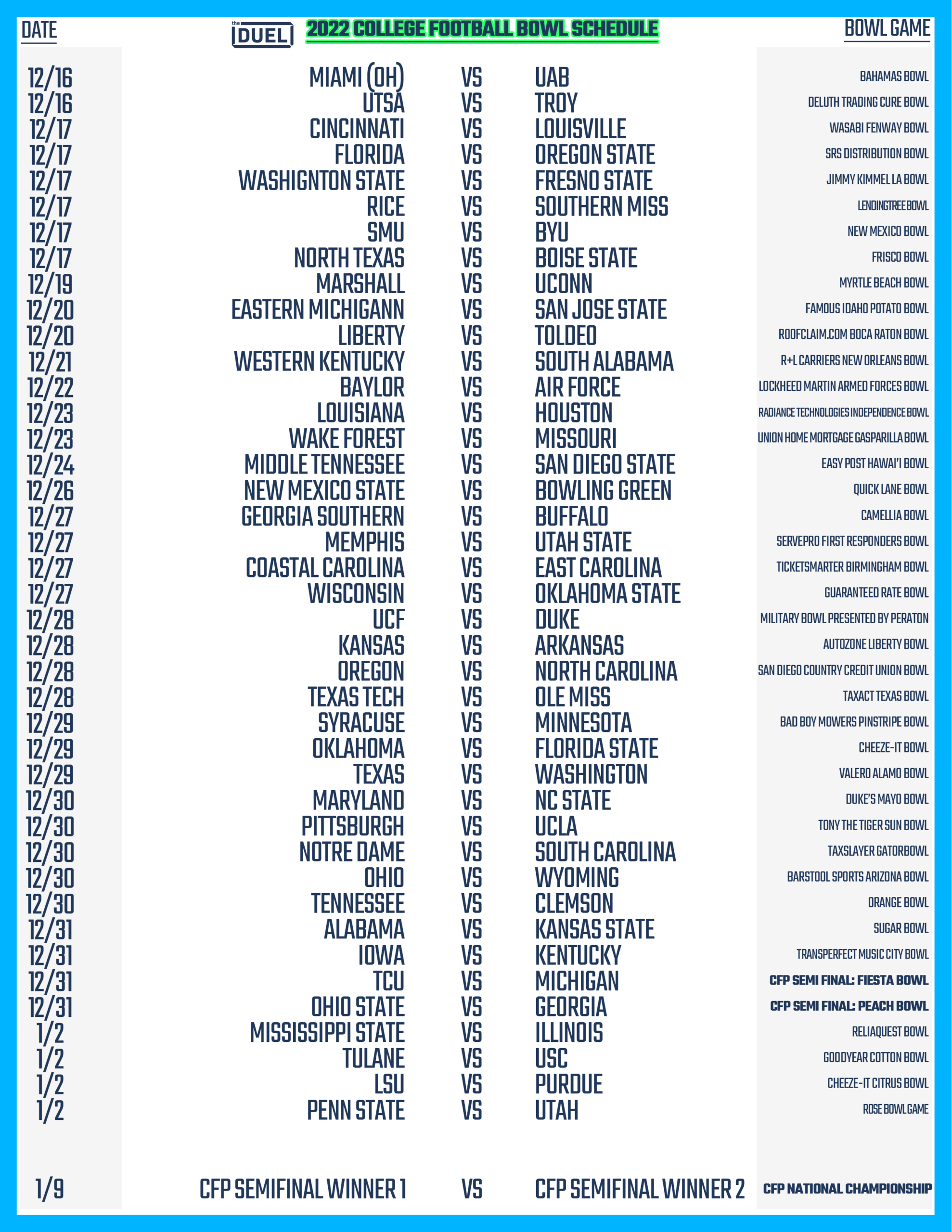 Printable College Football Bowl Schedule 2022 23 FanDuel Research Printable College Football Bowl Schedule 2022 23 FanDuel Research