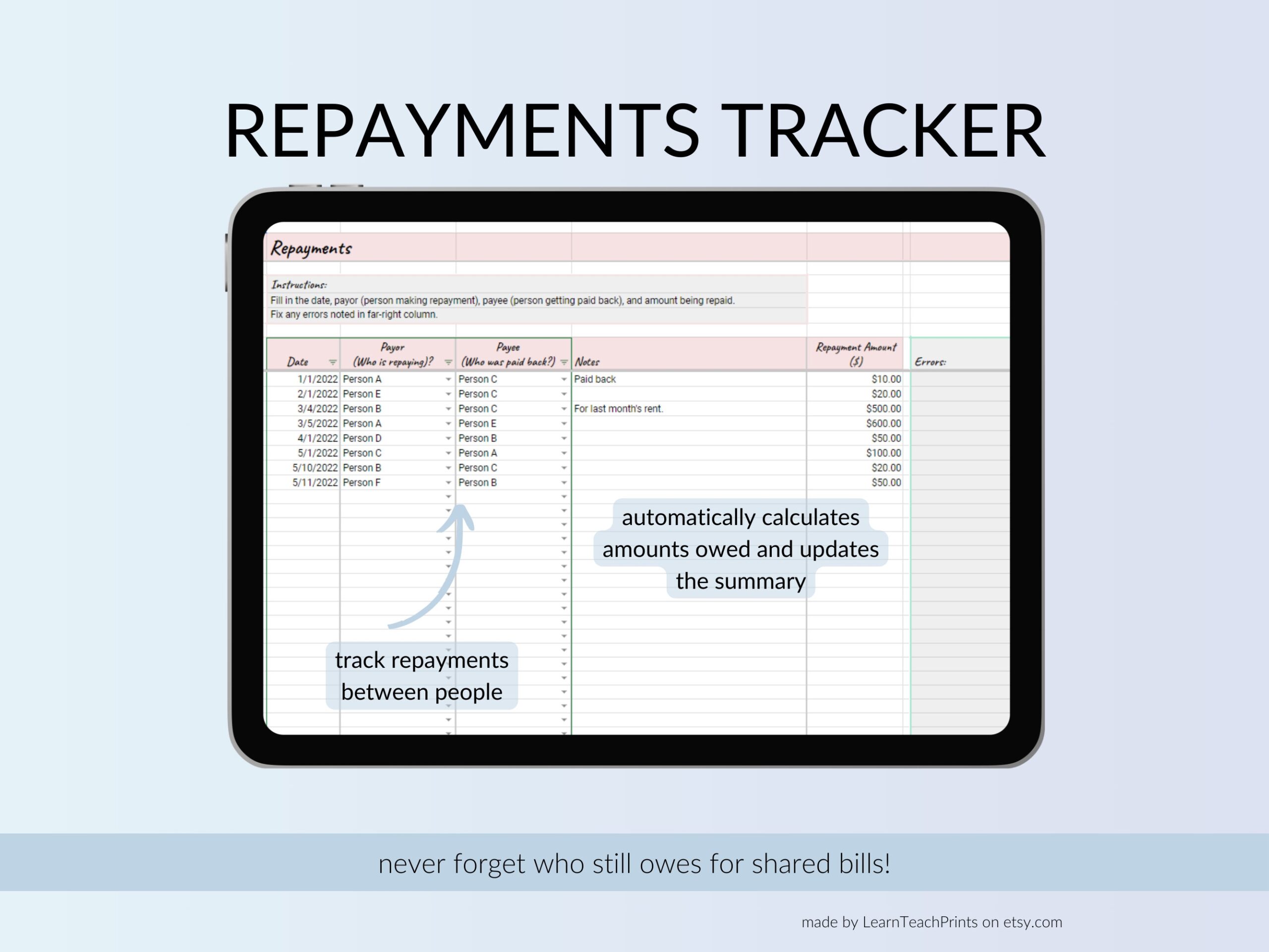 Shared Expenses Tracker Google Sheets Template instant Download Etsy