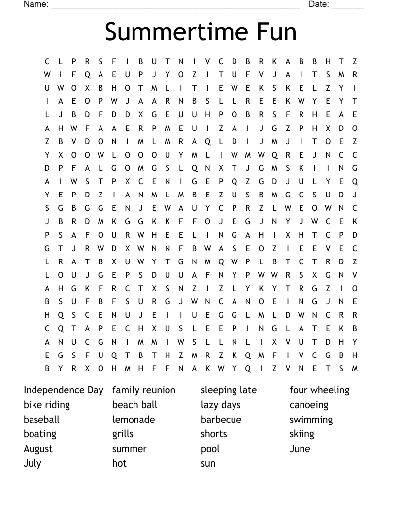Summertime Fun Word Search WordMint Summertime Fun Word Search WordMint