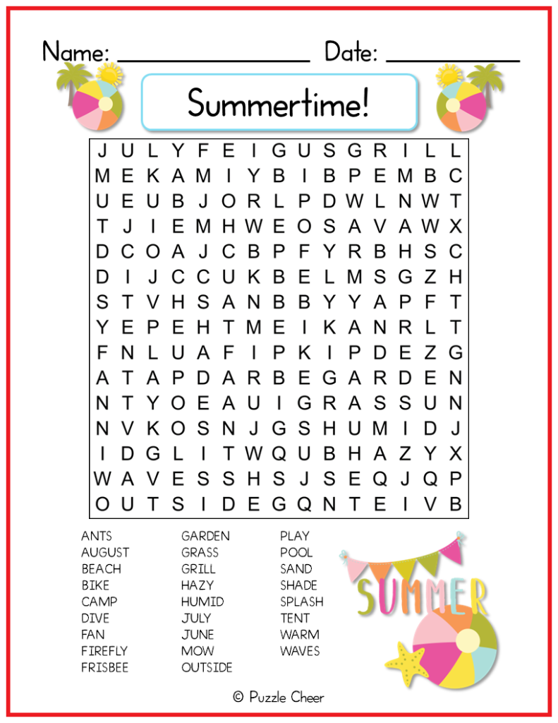 Summertime Word Search For Kids Puzzle Cheer Summertime Word Search For Kids Puzzle Cheer